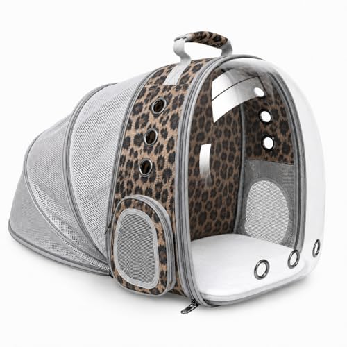 Expandable Cat Carrier Backpack with Bubble Window, Animal Print | Breathable mesh, anti-collapse frame, side door, safety leash and escape-resistant zippers for vet visits and outdoor travel. - color: Leopard Print