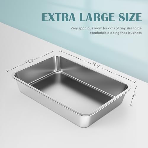 Stainless Steel Cat Litter Box,Large Metal Litter Box,19.5" Lx13.5 Wx4 H | Never Absorbs Odors,Stain Free, Rustproof, Non Stick Smooth Surface, Anti-Slip Rubber Bottom - color: 4" H, size: 19.5"L x 13.5"W