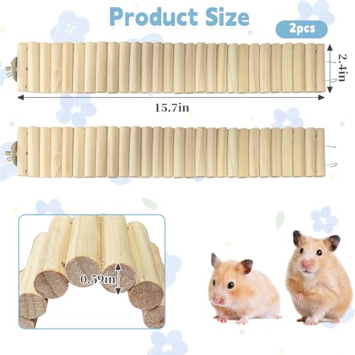 kathson 2Pcs Wooden Hamster Suspension Ladder Bridge,Bendable Long Climbing Ladders Pet Cage Toy Accessories Hideout Natural Chew Balls for Mouse Chipmunk Rabbits and Other Small Animals - size: 15.7 x 2.4 inches