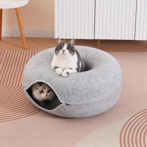 Large Cat Tunnel Bed for Indoor Cats with 3 Toys, Scratch Resistant Donut Cat Bed, Up to 30 Lbs (L 24x24x11, Light Grey) - color: Light Grey