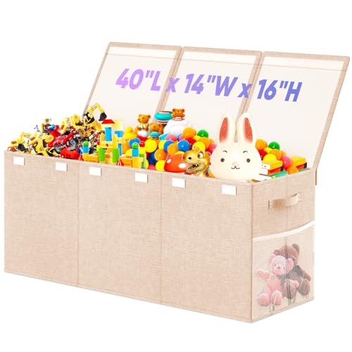 Large Toy Storage Box with Lid, Dividers, Collapsible Kids Toy Chest, Beige | Toy Box for Boys, Girls, Nursery, Bedroom, Living Room, Playroom, 40X14X16 inches - color: Extra Large Beige