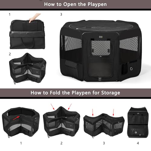 DONORO Dog Playpen Portable Pet Play Pens for Small Dog/Cat/Rabbit/Chicks, Cat Playpen Indoor/Outdoor with Carring Case, Removable Zipper Top and Bottom (Black, Large (46"x46"x23"), 8) - color: Black, size: Large (46"x46"x23")