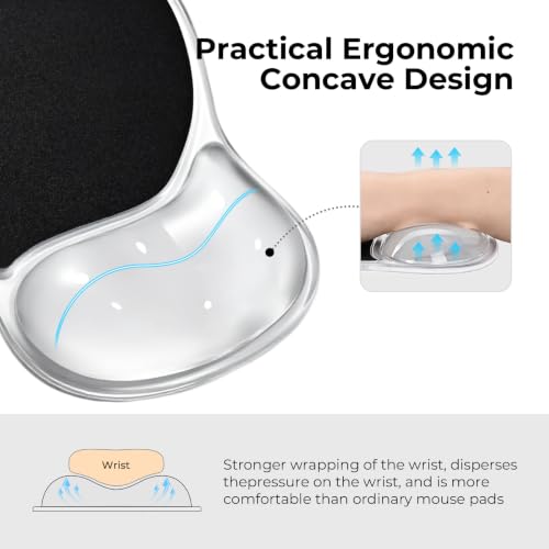 EooCoo Ergonomic Waterproof Mouse Pad with Gel Wrist Rest Support | Middle Concave Design for Natural Wrist Alignment, Non-Slip Base Mousepad, Carpal Tunnel Relief, Office Desk Accessories - color: Transparent Black