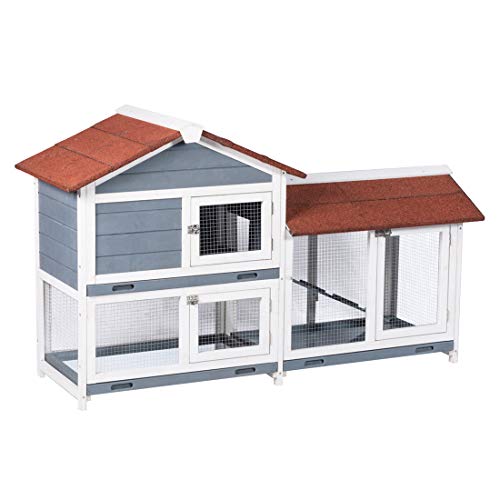 GDLF 62" Rabbit Hutch, Bunny Hutch Indoor Outdoor with Ramp, Cleaning Tray | 62"L x 21"W x 37"H, 2-Level Wooden Design with Stairs, Removable Cleaning Tray, Spacious Area for Rabbits & Small Animals