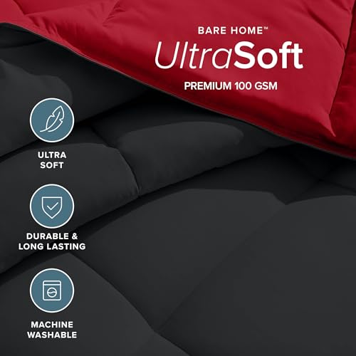 Bare Home King/California King Comforter - Reversible Colors - Goose Down Alternative - Ultra-Soft - Premium 1800 Series - All Season Warmth - Bedding Comforter (King/Cal King, Black/Red) - color: 13 - Black/Red, size: King/Cal King