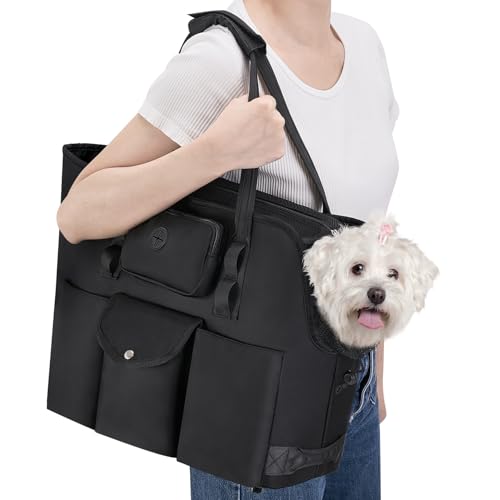 SlowTon Dog Purse Carrier - Portable Dog Carrier with Pockets & Safety Leash for Small Dogs Under 12 lbs, Breathable Pet Tote Bag for Cat Rabbit Outing, Travel, Vet (Black)