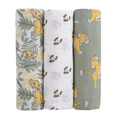 Disney Lion King 3 Piece Muslin Baby Swaddle Blanket Set 44x44 100% Cotton White - color: Lion King Sage