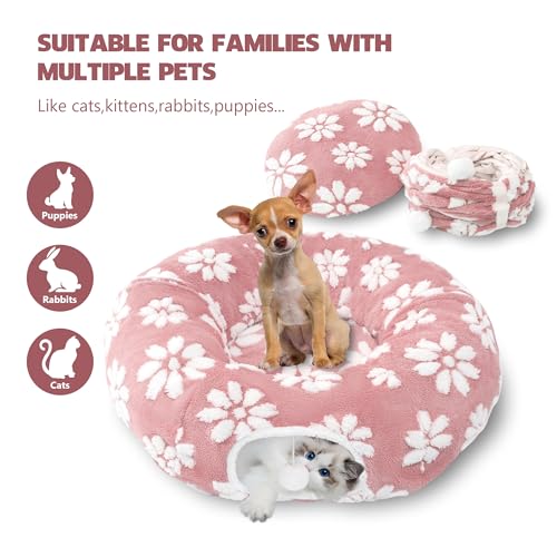 Cute Round Cat Tunnel for Indoor Cats, Pink | Peekaboo Cat Cave with Dangling Balls, Pet Donut Tunnel Bed with Circle Mat for Puppy Kitten Rabbit - color: Pink Flower, size: Round