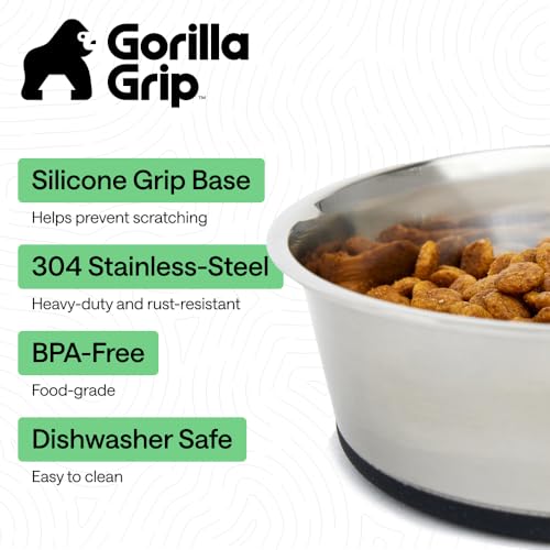 GORILLA GRIP Dog Bowl, Holds 2 Cups (16 fl oz), Food Grade 304 Stainless Steel Food and Water Bowl for Feeding Dogs and Cats, BPA Free Rubber Base, Easy Clean, Dishwasher Safe, Rust Resistant, Black - color: Black, size: 2 Cup (16 Oz)