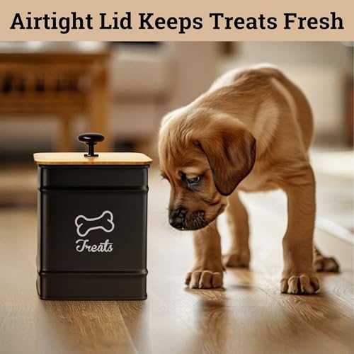 Dog Treat Container with Airtight Bamboo Lid, 5"W x 7"H, 7 Cup Capacity | Fits Most Popular Treats, 7 Cups Capacity, Airtight Bamboo Lid, Easy Open Metal Lid Handle, Dent-Resistant Durable Metal - color: Black - Small