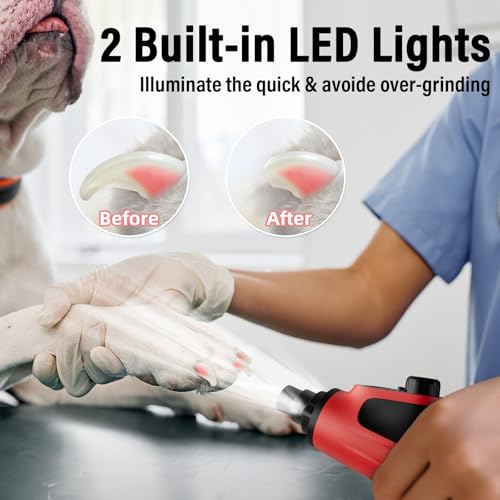 Casfuy Smart 6-Speed Dog Nail Grinder - 50% More Power Pet Nail Grinder with 2 LED Lights Quiet Rechargeable Electric Dog Nail Trimmers File Toenail Grinder for Large Medium Small Dogs & Cats (Red) - color: Red