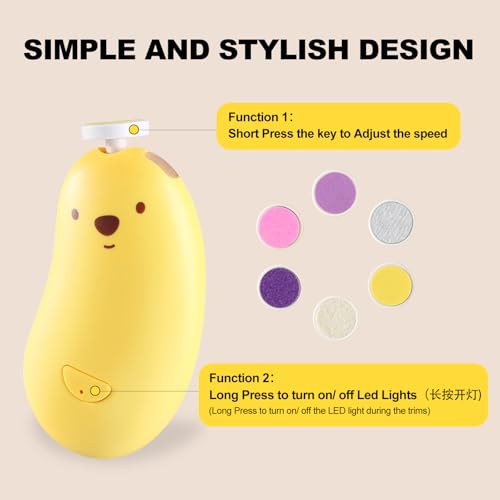 Baby Nail File Electric, Gentle Rechargeable Nail Trimmer, Baby Nail Clippers Grooming Kit Manicure Set for Infant Toddler or Adults, 6 Grinding Head Replacement Pads Yellow - color: Yellow