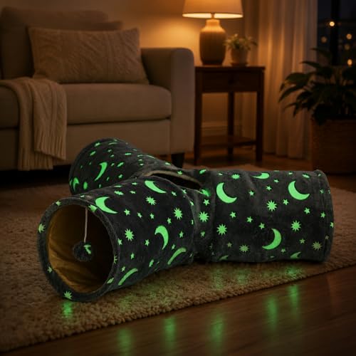Cat Tube Tunnel with Plush Ball Toys Collapsible Self-Luminous, for Cat Small Pets Bunny Rabbits, Kittens, Ferrets,Puppy and Dogs Grey Moon Star 3 Way - size: 3 Way