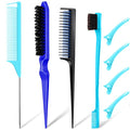 8 Pcs Hair Styling Set - Dual Edge Teasing Brush, Triple Teasing Comb, Rat Tail Comb, Grooming Clips for Women, Girls, Stylists (Blue) - color: Blue