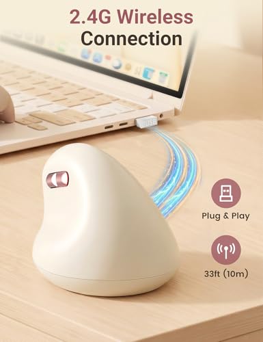 Ergonomic Vertical Wireless Mouse, 57°, Small/Medium Hands, Beige | Rechargeable, Quiet Click, 800/1200/1600 DPI, 2.4GHz USB Receiver, Forward/Back Buttons, Computer Mouse for Laptop PC Mac - color: Beige