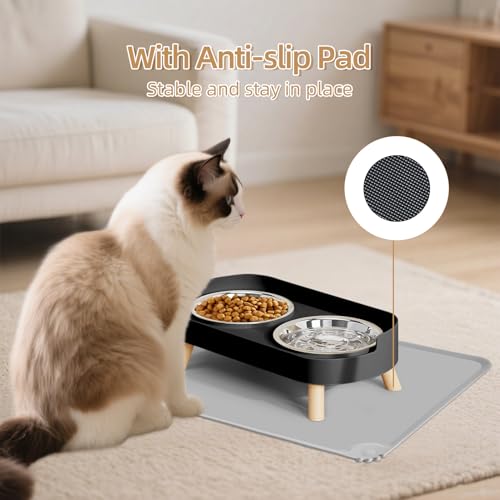 Elevated Cat Bowl with Food Mat, Raised Cat Food and Water Bowl Set for Indoor Cats, Splash Proof with 2 Stainless Steel Pet Food Bowls for Cats and Puppies,Whisker Fatigue and Dishwasher Safe (Black) - color: Cat Bowls with mat - black
