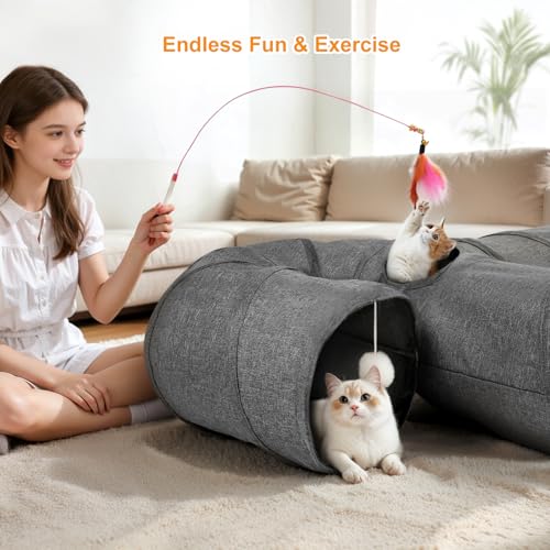 Ownpets 10" Large Cat Tunnel 3-Way U-Shape Oxford Fabric for Large Cat | Silent oxford fabric no noise, expandable 3-channel design, with plush ball ,feather wand, peek hole, for multi-cat household - size: 10 Inches in Diameter