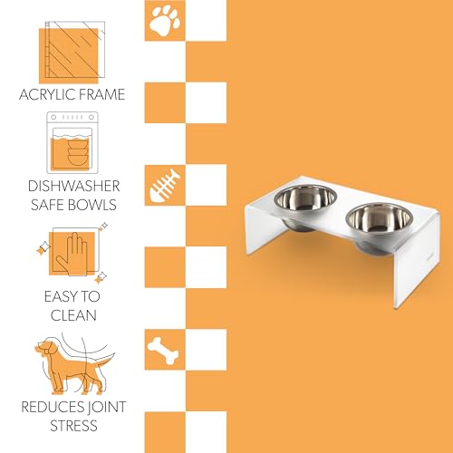 DBL2000K Keaton 5" Small/Medium Modern Acrylic Rectangular Elevated Pet Feeder with 20oz 2-Stainless Steel Bowls, Moon White/Chrome - color: Moon White/Chrome, size: 20 Ounces (5" Cups 2-Pack)