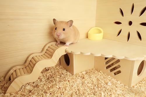 Hamster Hideout Wooden House - Multi-Functional Hamster Cage Accessories with Platform, Ventilated Hamster Hides & Cozy Hamster House for Small Pets (Syrian, Dwarf Hamsters)
