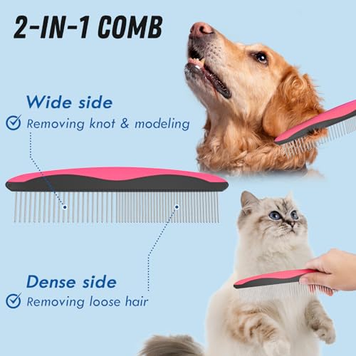 Docrok Pet Grooming Brush and Metal Comb Combo for Dogs & Cats, Pink | Dematting Deshedding Undercoat Rake, Cat Brush Dog Brush Shedding Tool for Long Matted Haired Pets - color: Pink