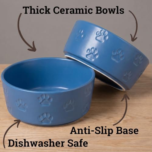Ceramic Dog Bowl Set of 2 w/ Anti-Skid Base 6.5"W x 2.5"H, 3.8 Cup Capacity | Thick Ceramic, Dishwasher Safe, Anti-Skid Rubber Base, 3.8 Cups per Bowl, Ceramic Food & Water Bowls Set of 2 for Medium Dogs - color: Blue, size: Medium