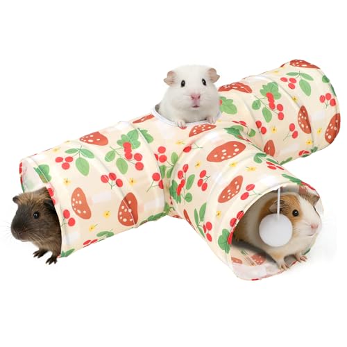 Rypet Guinea Pig Tunnel Hideout 3-Way Collapsible Small Pet Tubes, Cherry | 3 Way Design for Exploration, Collapsible for Easy Storage, Built-in Play Ball, Hiding & Resting for Hamsters Ferrets - color: Cherry