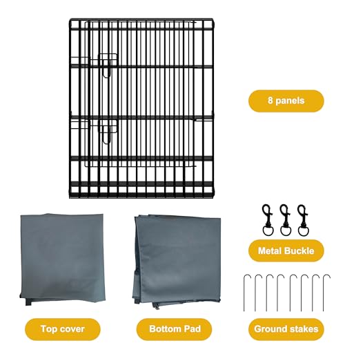 Dog Playpen with Top Cover and Bottom Pad,Foldable Playpen,8 Panels 30" H | Metal Puppy Play Pen,with Door for Indoor Outdoor,Pet Exercise Fence for Small Medium Animals - size: 30''H