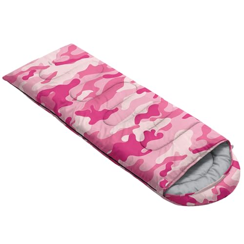 Sleeping Bags for Adults and Kids Backpacking Camping Sleeping Bags for Girls and Boys Lightweight Waterproof Cold/Warm Sleeping Bag for All Season - color: Pink Camo