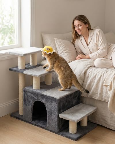 Aechonow 4-Tier Cat Stairs for High Bed with 22'' Cat Scratching Post | Pet Steps for Doggies Rabbit Ferret, Adjustable Cat Cave, Grey, Extra Large - size: Extra Large-Gray