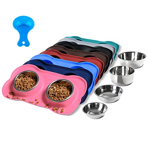 Hubulk Pet Dog Bowls 2 Stainless Steel Dog Bowl with No Spill Non-Skid Silicone Mat + Pet Food Scoop Water and Food Feeder Bowls for Feeding Small Medium Large Dogs Cats Puppies (S, Pink) - color: Pink, size: Small