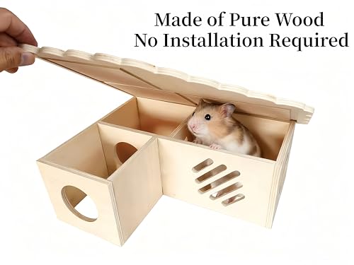 Hamster Hideout Wooden House - Multi-Functional Hamster Cage Accessories with Platform, Ventilated Hamster Hides & Cozy Hamster House for Small Pets (Syrian, Dwarf Hamsters)