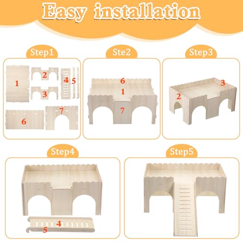 Large Guinea Pig Castle, Sturdy Wooden Guinea Pig Hideout, Upgraded Wooden Guineas Pigs Castle with Anti-Slip Stairs, Easy to Assemble for Small Animal House Habitat or Hamster Hideout