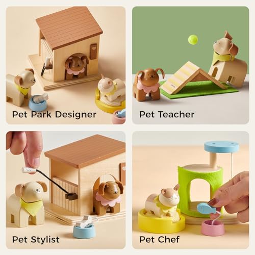 Tiny Land Wooden Dollhouse Animal Set for Toddlers, Dollhouse Accessories | Dolls House Furniture Sets for Toddlers, Montessori Pretend Play Family Pets Set Toys, Gift for Kids Age 3+