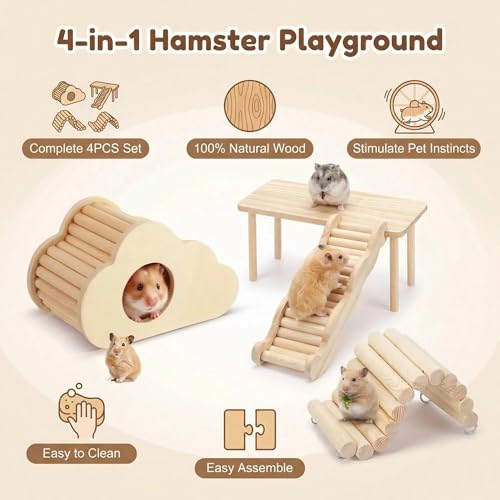 Hamster Platforms Wooden Ladder Bendy Bridge Fence Hidden Play House | Hamster Game Climbing Toy with Platform Decor Cage Accessories for Dwarf Syrian Mice Degus Gerbils Squirrel Small Pets - color: 4 Pcs-1