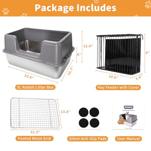 XXXL Rabbit Litter Box, 23.6" L x 15.7" W x 12.4" H Stainless Steel Rabbit Litter Box with Lid, Hay Feeder with Hooks, Footed Metal Grid, Easy to Clean for Medium and Large Rabbits