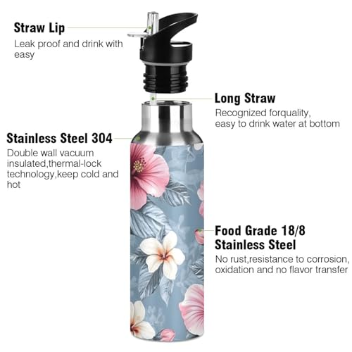 Pink Hibiscus Flower Water Bottle Girls with Straw Lid | Stainless Steel Water Bottle Leak Proof Boys Girls Insulated Tumbler Cup for School 20 oz - color: Multi24