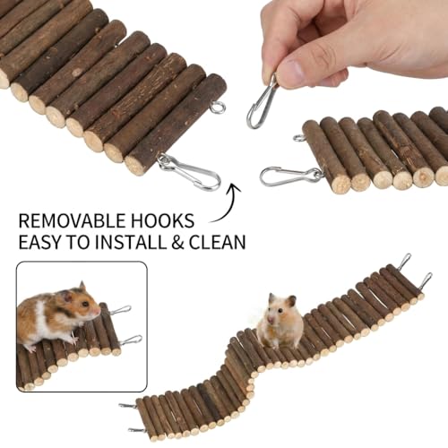 Hamster Hideout Tunnel and Hamster Bridge Set, Wooden Hamster Cage Accessories, Hamster Platform and Hamster Toys, 2-Chamber Multi-Room Climbing Toy for Syrian Dwarf Hamsters, Gerbils, Rats