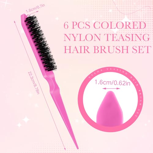 Yaomiao 6 Pcs Teasing Brush Set, 3 Row Nylon Rat Tail Combs for Fine Hair, Back Combing, Root Lifting, Scalp Massage, Hair Brushes for Women Salon Home Use(Pink) - color: Pink