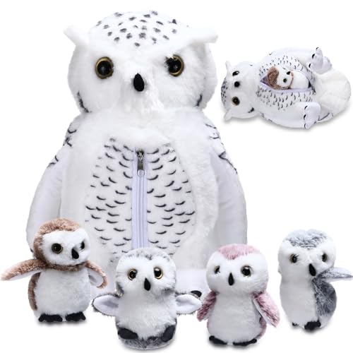 Hollowfly 5 Pcs Owls Plush Toy Gift Set 15.7" Mommy Snowy Owls with 4 Cute White Babies Stuffed Animal in Zippered Belly Nurturing Plushies Toy Set for Kid Adults Birthday Birthday Party Favors Gifts - style: Owls