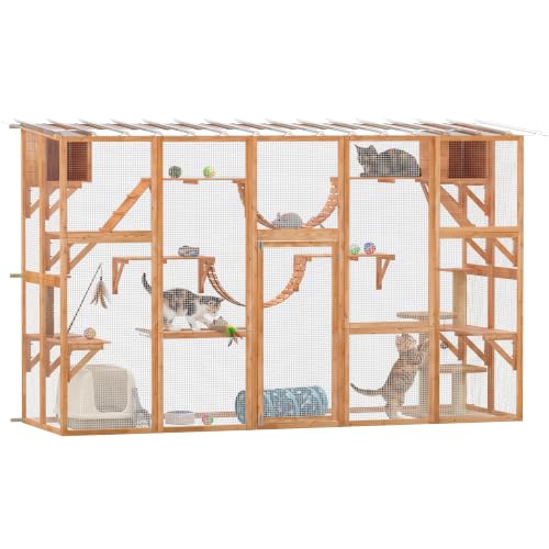 PawHut Catio Outdoor Cat Enclosure Window, 118" x 37.5" x 74", Orange | Outdoor Cat House, Weather Protection Roof, for Multiple Kitties, Wooden Frame, Shelves & Bridges - color: Orange