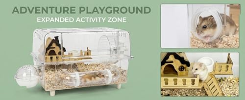 Clear Acrylic Hamster Cage 8 in 1 Kit, Transparent Habitat Top Ventilation & Easy Clean, Rounded Edges Enclosure for Desk/Living Room, Dwarf Hamster Cage,Gerbil, Mice & Small Animals