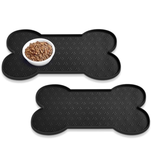PWTAA Dog Food Mat Anti-Slip Silicone Dog Bowl Mat Thicker Pet Placemat Waterproof Cat Feeder Pad with Raised Edge Puppy Kitten Feeding Mats Suitable Small Medium-Sized Dogs Cats Eating Tray - 2PCS - color: Black, size: 19.4" x 9.8"-2PCS