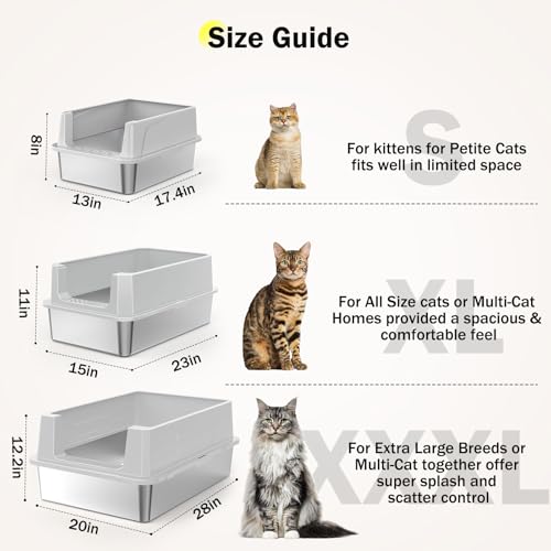 Stainless Steel Litter Box Extra Large for Big Cats Multi-Cats, Jumbo Extra Large Metal Cat Litter Box with High Sided Lid, Anti-Urine Leakage, Non-Stick,Include Litter Scoop - color: Silver Grey, size: XXXL