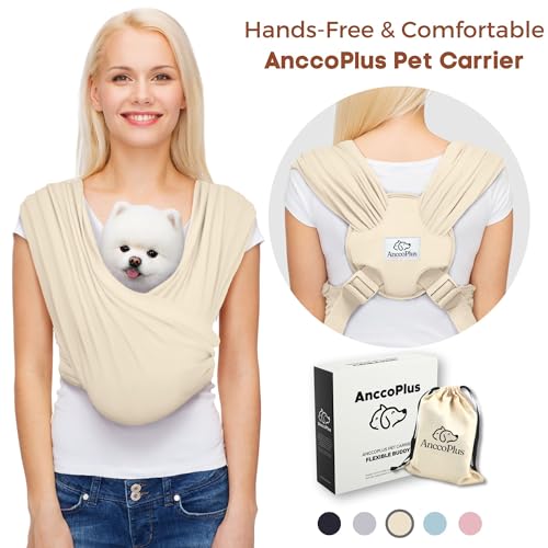 Small Dog Sling Carrier, Hands-Free, Beige, Plus | Patented Front Carrier Reduces Back and Neck Strain; Adjustable, Soft Cotton, 3D Air Mesh for Puppies & Cats up to 20 lb - color: Beige, size: Plus