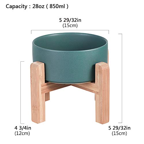 Green Ceramic Elevated Raised Cat Bowl with Wood Stand No Spill Pet Food Water Feeder Cats Small Dogs - color: Green, size: Medium Dog Bowls 850ML*1