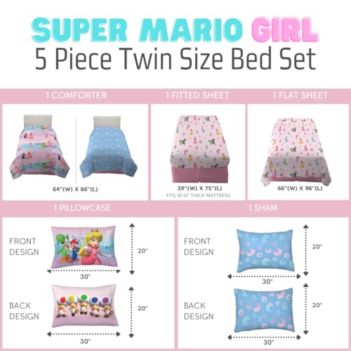 Super Mario Girl Princess Peach Girl Gamer Kids Bedding Super Soft & Cozy Reversible Microfiber Comforter and Sheet Set with Sham, 5 Piece Twin Size, (Officially Licensed Product) By Franco - color: Super Mario Girl, size: 5 Piece Twin Size