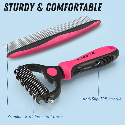 Docrok Pet Grooming Brush and Metal Comb Combo for Dogs & Cats, Pink | Dematting Deshedding Undercoat Rake, Cat Brush Dog Brush Shedding Tool for Long Matted Haired Pets - color: Pink