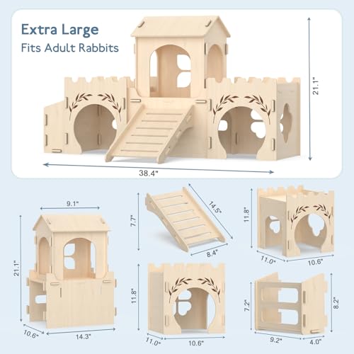 2-Level Wooden Rabbit Castle with Ramp and Hay Feeder | 3 connected rooms, center tower, rooftop platform, ramp, side hay feeder and multiple entrances for indoor enclosures - size: Extra Large