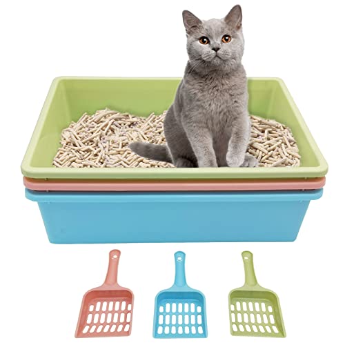 Kathson 3PCS Medium Open Cat Litter Box with Scoop, Durable Non-Stick Plastic Litter Pan for Cats, Puppies, Bunnies, and Small Animals, 15 x 11 x 4 Inches