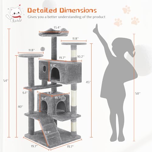 Sweetcrispy 54-Inch Cat Tree Tower – Multi-Level with Sisal Scratching Post, Perfect Pet Gift, Indoor Condo with Climbing Ladder, Plush Toy, and More Animal Stuff, Light Grey | Multi-Level with Indoor Cat Condo with Climbing Ladder, Plush Toy, Play House